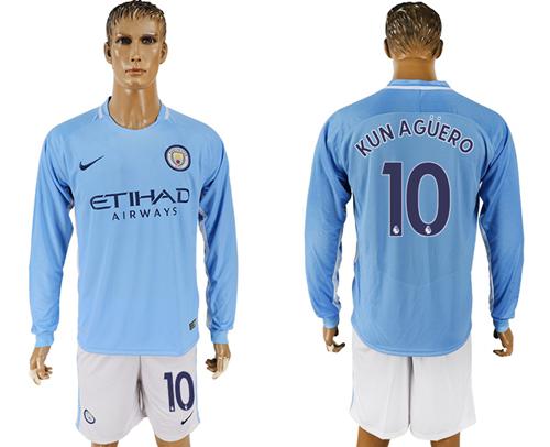 Manchester City #10 Kun Aguero Home Long Sleeves Soccer Club Jersey - Click Image to Close